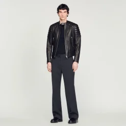 Homme SANDRO Blouson En Cuir Finitions Matelassées
