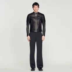 Homme SANDRO Blouson En Cuir Finitions Matelassées