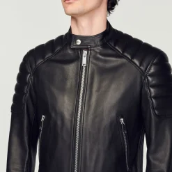 Homme SANDRO Blouson En Cuir Finitions Matelassées