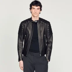 Homme SANDRO Blouson En Cuir Finitions Matelassées