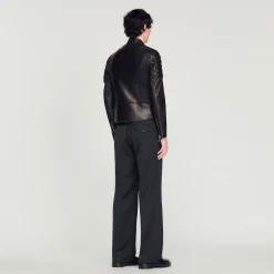 Homme SANDRO Blouson En Cuir Finitions Matelassées