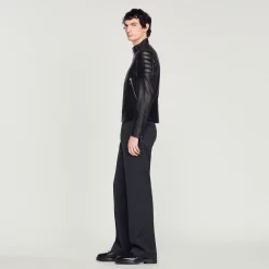 Homme SANDRO Blouson En Cuir Finitions Matelassées