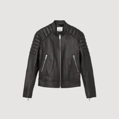 Homme SANDRO Blouson En Cuir Finitions Matelassées
