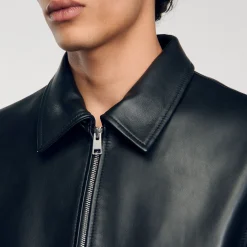 Homme SANDRO Blouson En Cuir Lisse