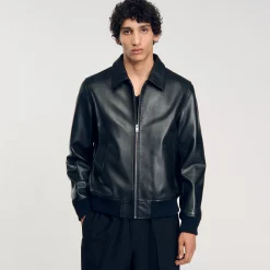 Homme SANDRO Blouson En Cuir Lisse
