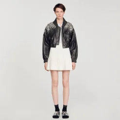 Femme SANDRO Blouson En Cuir Orné De Cristaux
