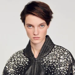 Femme SANDRO Blouson En Cuir Orné De Cristaux