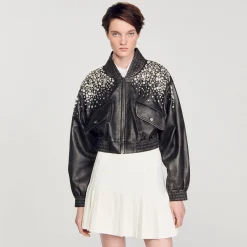 Femme SANDRO Blouson En Cuir Orné De Cristaux