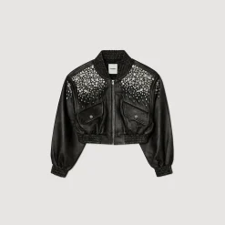 Femme SANDRO Blouson En Cuir Orné De Cristaux