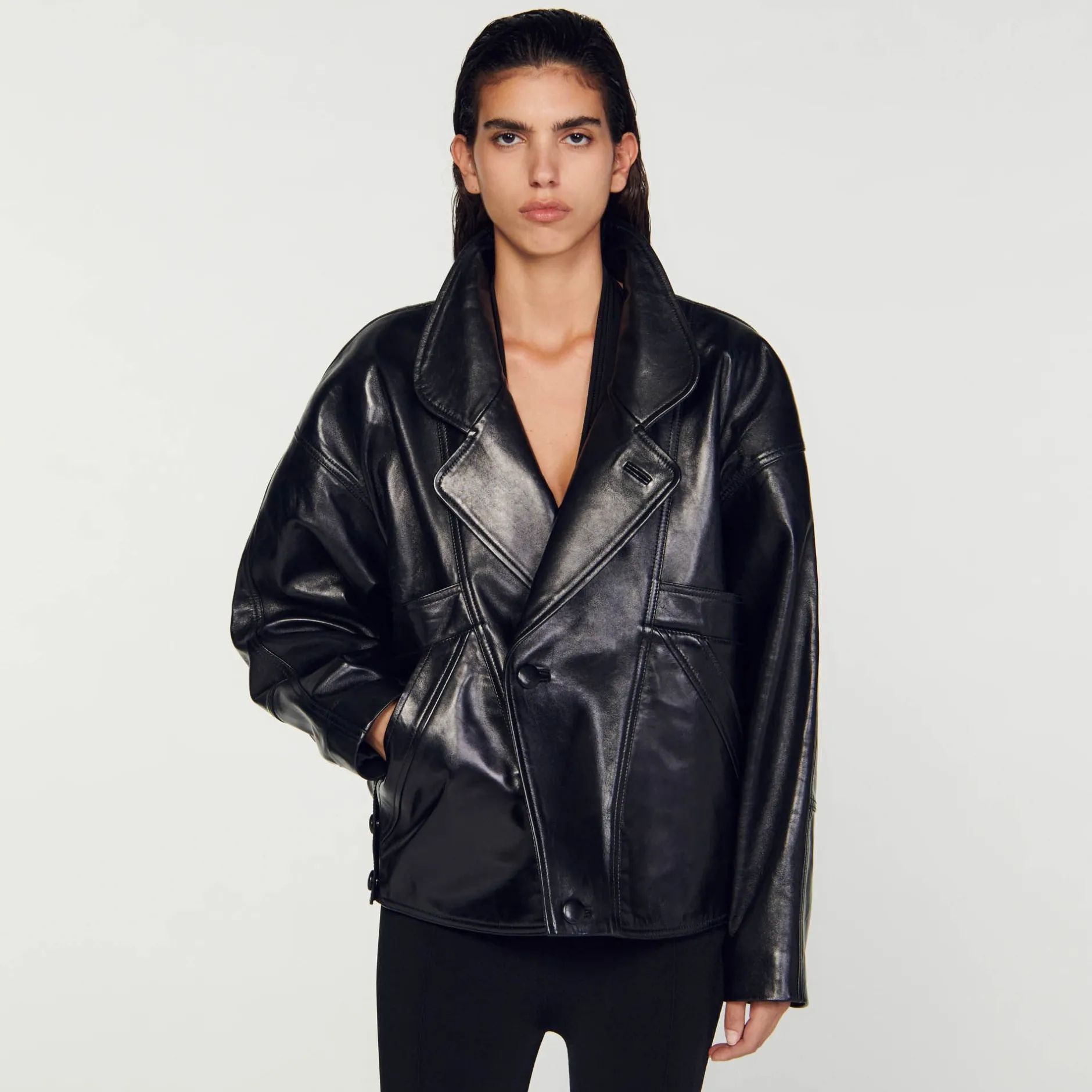 Femme SANDRO Blouson En Cuir Oversize