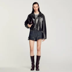 Femme SANDRO Blouson En Cuir Vieilli