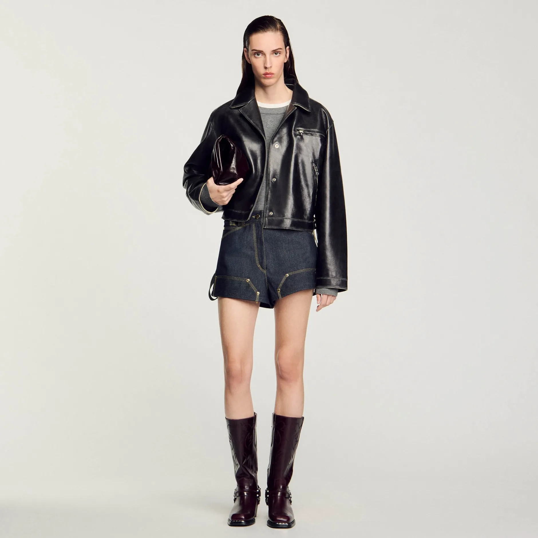 Femme SANDRO Blouson En Cuir Vieilli