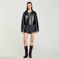 Femme SANDRO Blouson En Cuir Vieilli