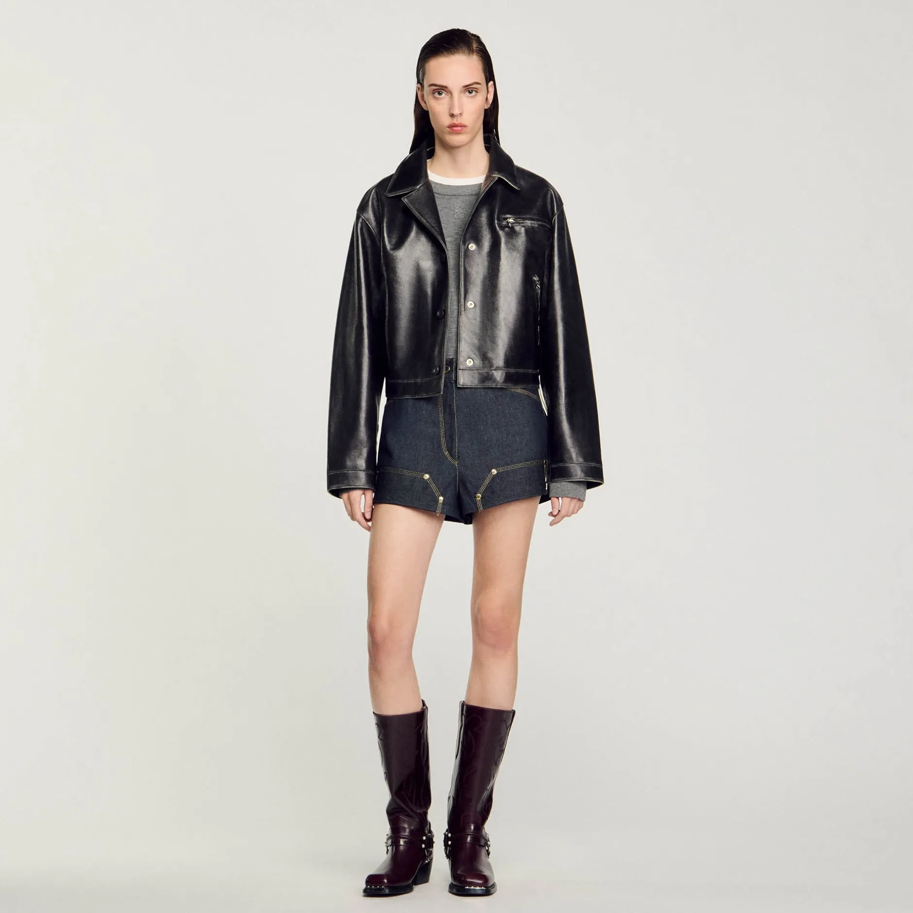 Femme SANDRO Blouson En Cuir Vieilli