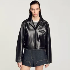 Femme SANDRO Blouson En Cuir Vieilli