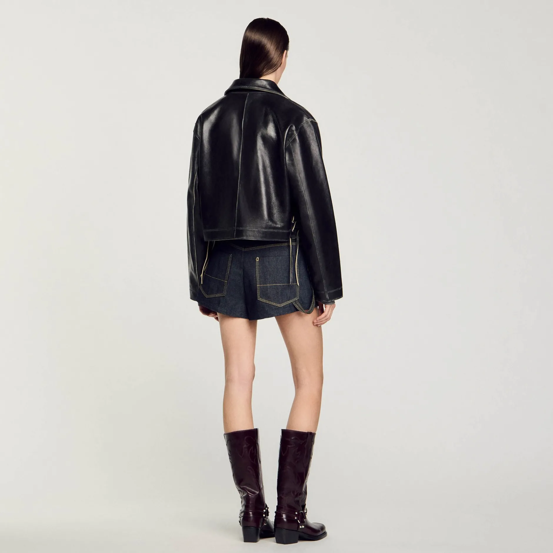Femme SANDRO Blouson En Cuir Vieilli