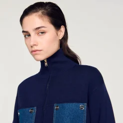 Femme SANDRO Cardicoat En Maille Et Denim