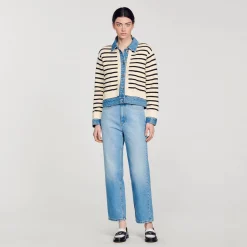 Femme SANDRO Cardicoat En Maille Rayée Et Denim