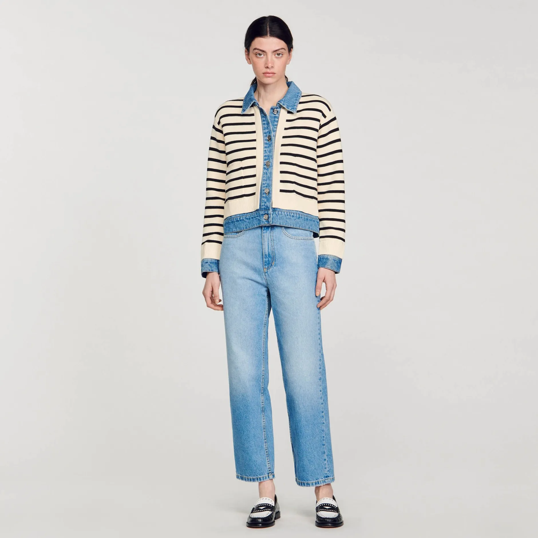 Femme SANDRO Cardicoat En Maille Rayée Et Denim