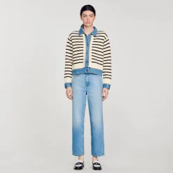 Femme SANDRO Cardicoat En Maille Rayée Et Denim