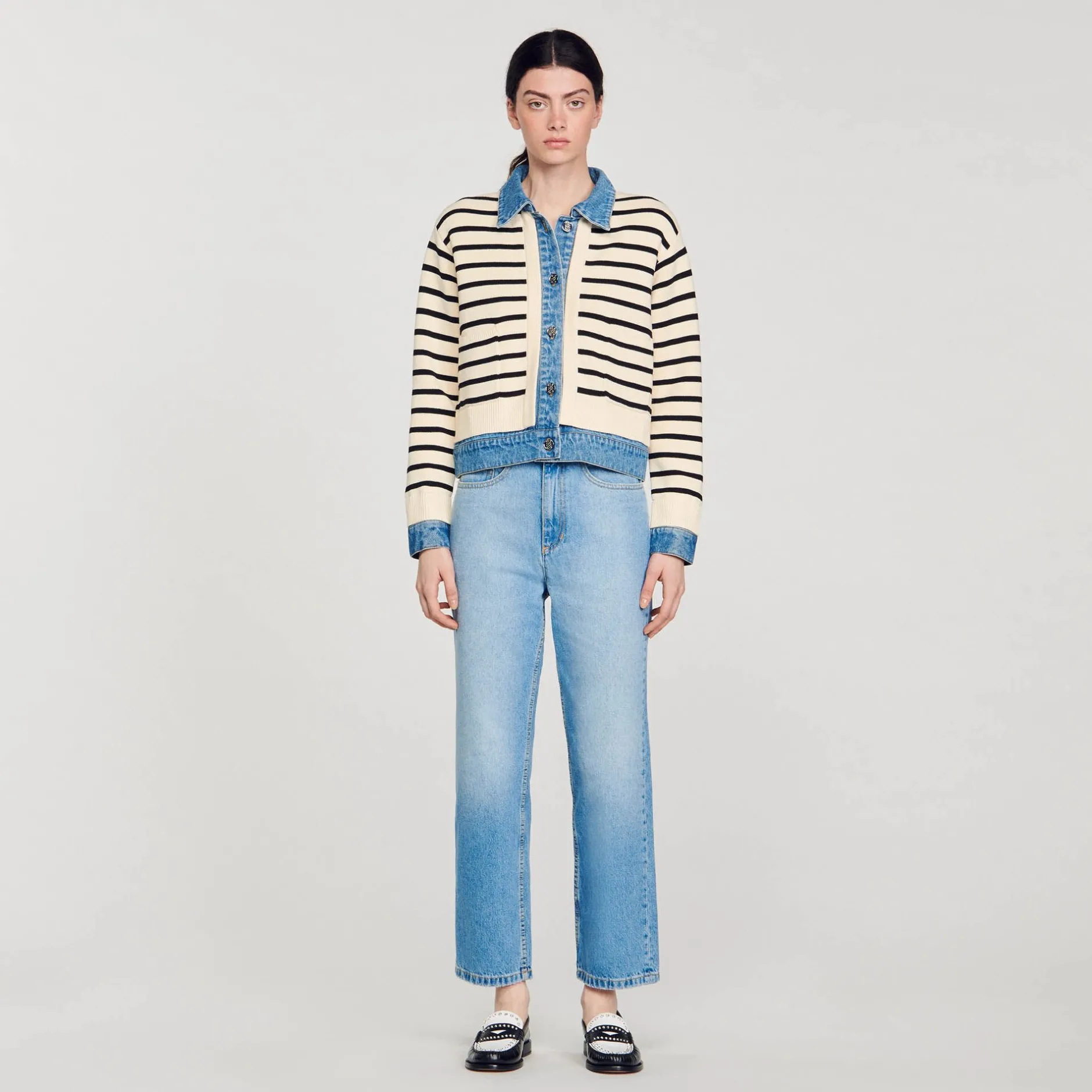 Femme SANDRO Cardicoat En Maille Rayée Et Denim