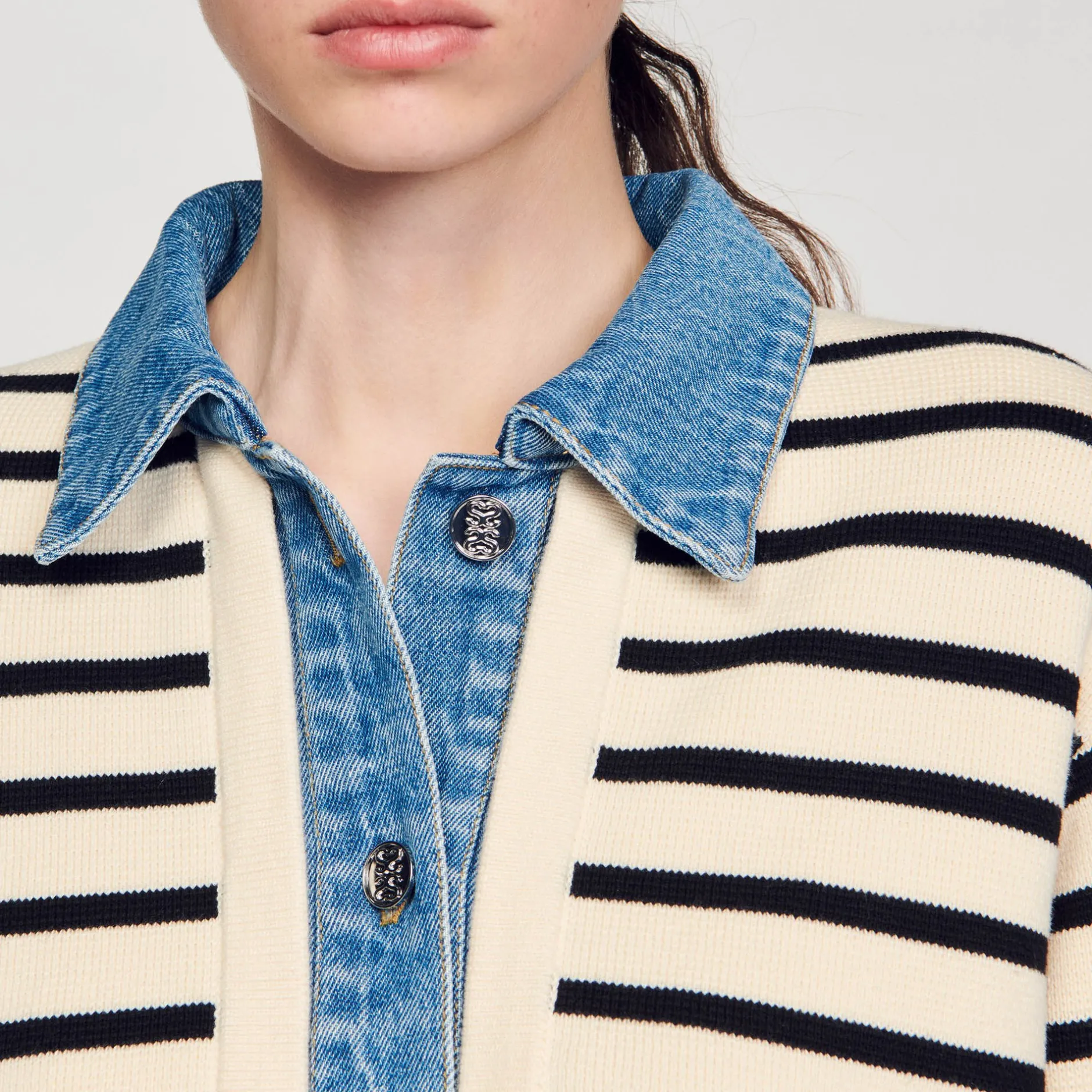 Femme SANDRO Cardicoat En Maille Rayée Et Denim