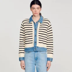 Femme SANDRO Cardicoat En Maille Rayée Et Denim