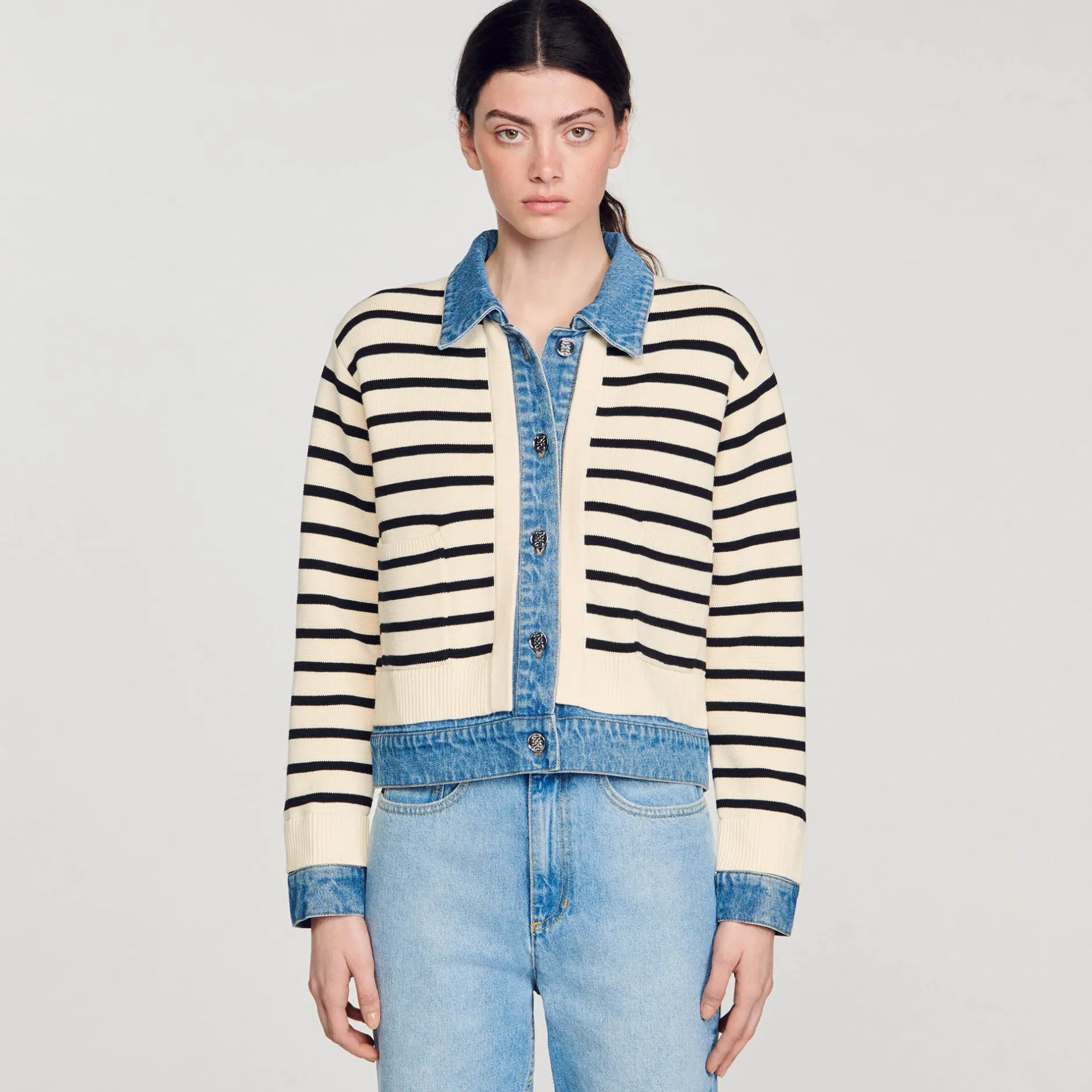 Femme SANDRO Cardicoat En Maille Rayée Et Denim