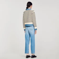Femme SANDRO Cardicoat En Maille Rayée Et Denim