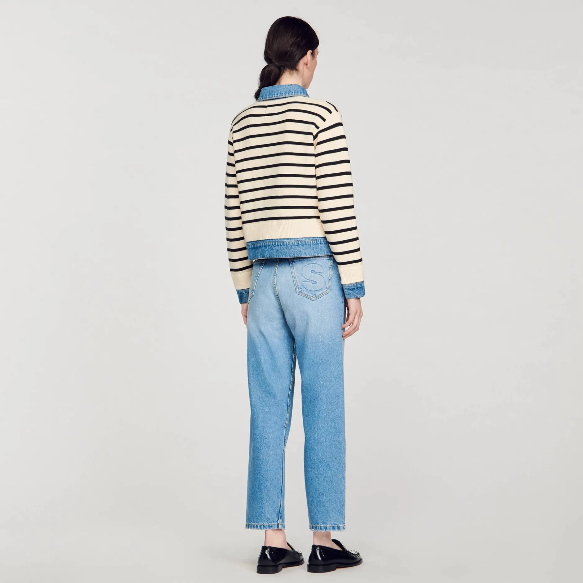 Femme SANDRO Cardicoat En Maille Rayée Et Denim