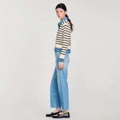 Femme SANDRO Cardicoat En Maille Rayée Et Denim