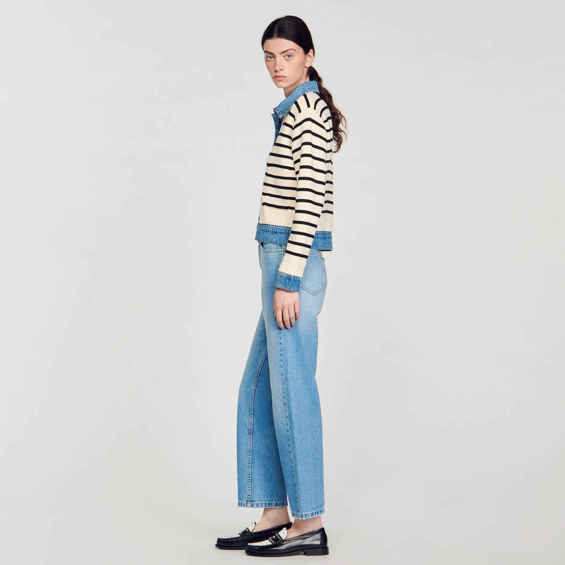 Femme SANDRO Cardicoat En Maille Rayée Et Denim