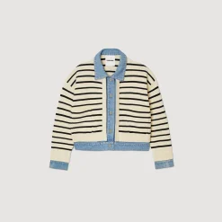 Femme SANDRO Cardicoat En Maille Rayée Et Denim