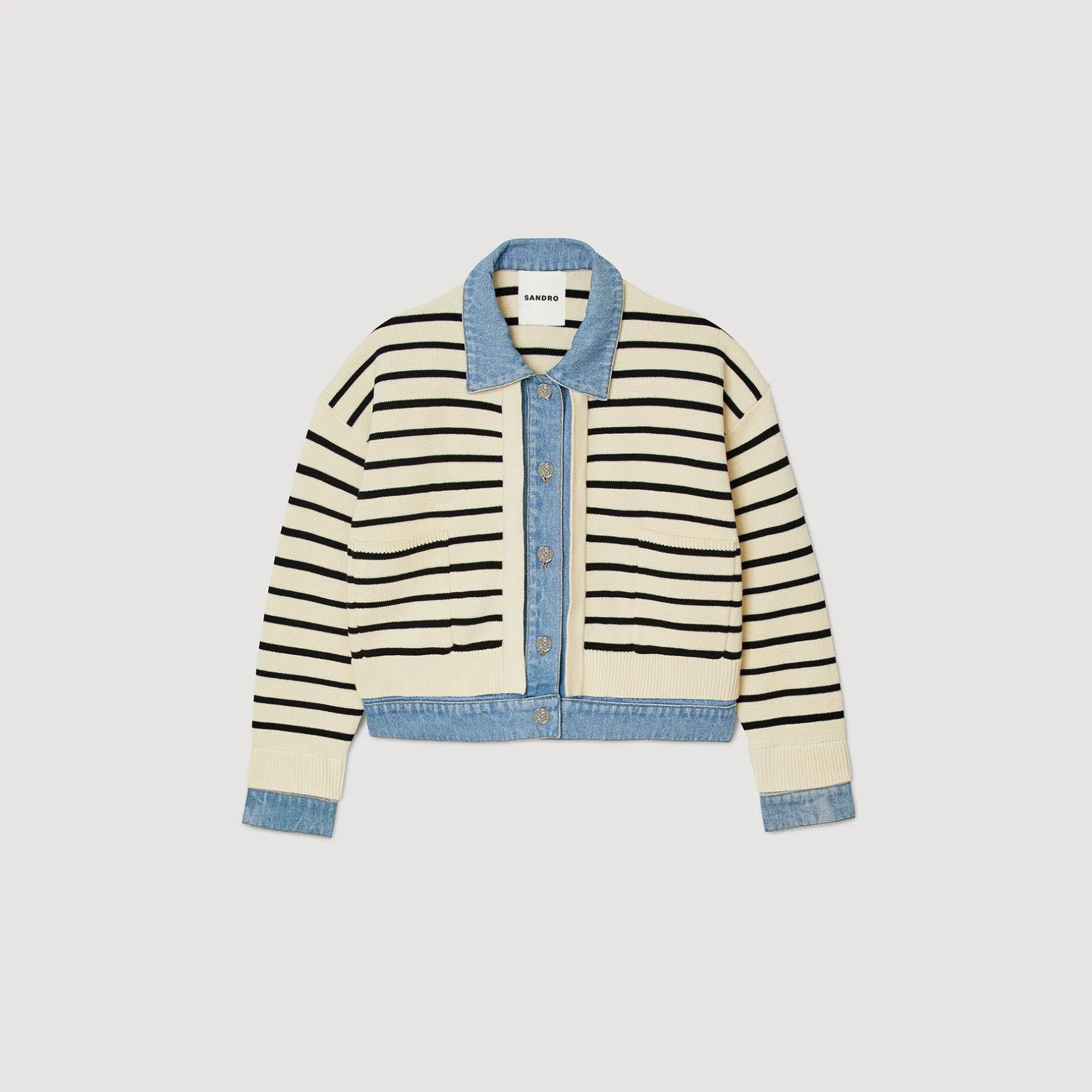 Femme SANDRO Cardicoat En Maille Rayée Et Denim