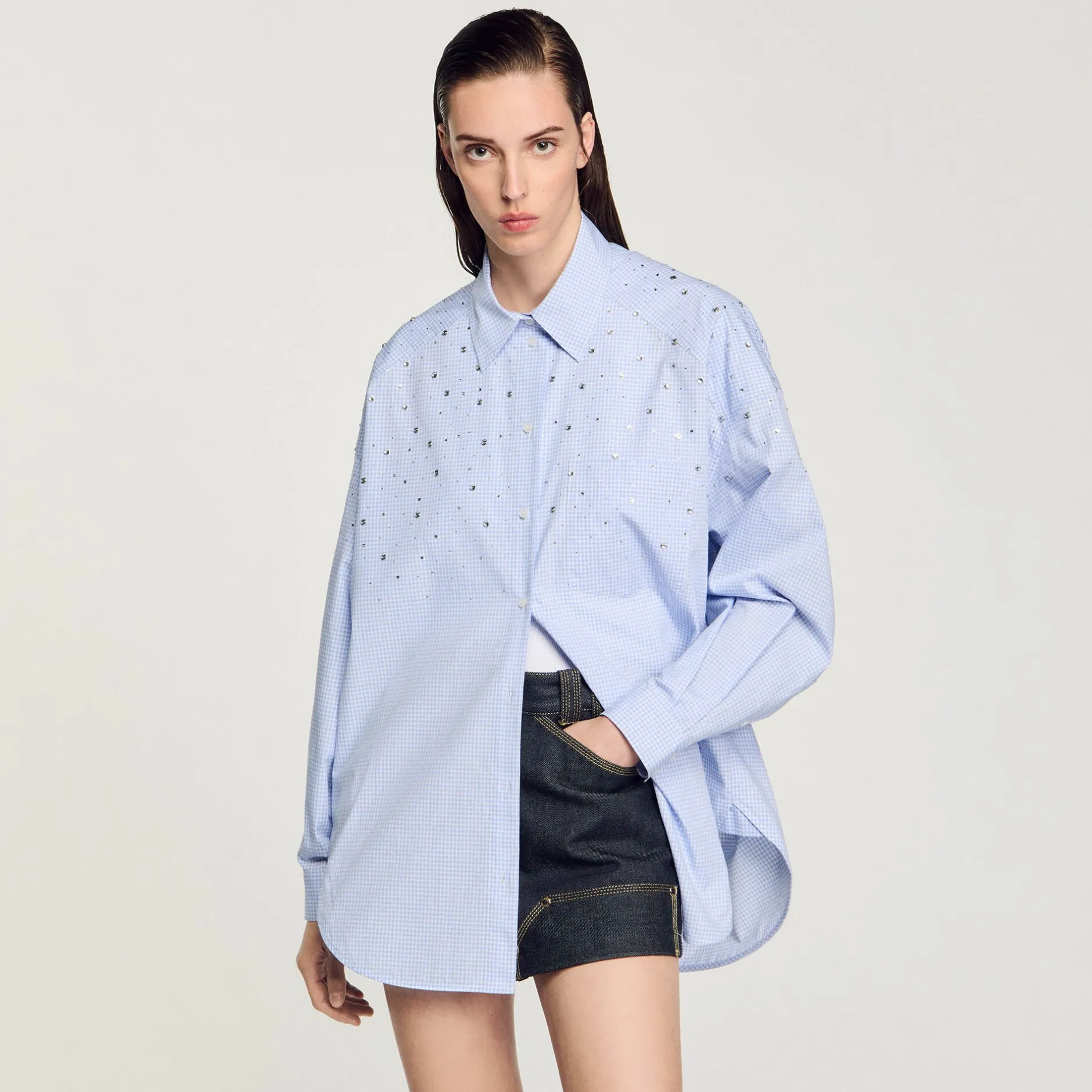 Femme SANDRO Chemise à Carreaux Ornée De Studs