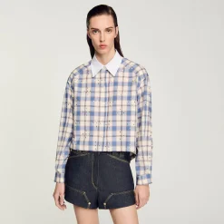 Femme SANDRO Chemise à Carreaux Strassée