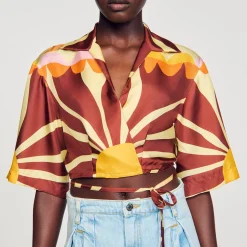 Femme SANDRO Chemise Courte En Soie Imprimée