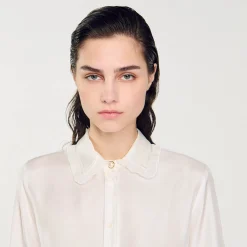 Femme SANDRO Chemise En Soie Avec Col Bordé De Plissé