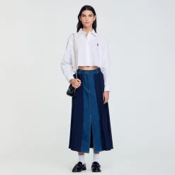 Femme SANDRO Jupe Bimatière Denim Et Plissée