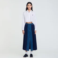 Femme SANDRO Jupe Bimatière Denim Et Plissée