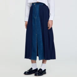Femme SANDRO Jupe Bimatière Denim Et Plissée