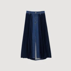 Femme SANDRO Jupe Bimatière Denim Et Plissée