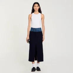 Femme SANDRO Jupe Bimatière Denim Et Tweed