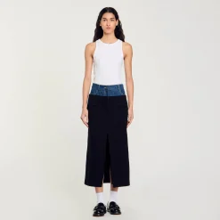 Femme SANDRO Jupe Bimatière Denim Et Tweed