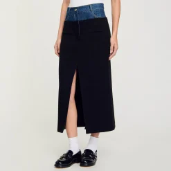Femme SANDRO Jupe Bimatière Denim Et Tweed