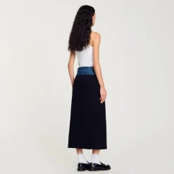 Femme SANDRO Jupe Bimatière Denim Et Tweed