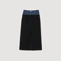 Femme SANDRO Jupe Bimatière Denim Et Tweed