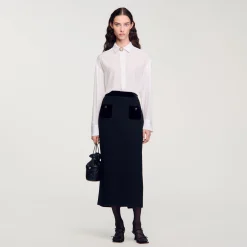 Femme SANDRO Jupe Longue En Tweed Et Velours
