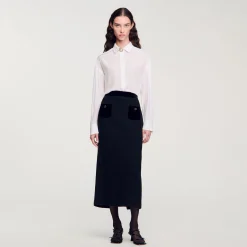 Femme SANDRO Jupe Longue En Tweed Et Velours