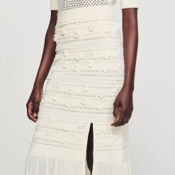 Femme SANDRO Jupe Midi En Maille Ajourée